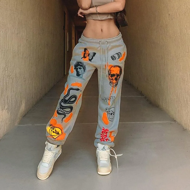 InsGoth Harajuku Skull Print Sweatpants Punk Goth Y2K High Waist Apricot Harem Pants Streetwear Grunge E Girl Casual Trousers