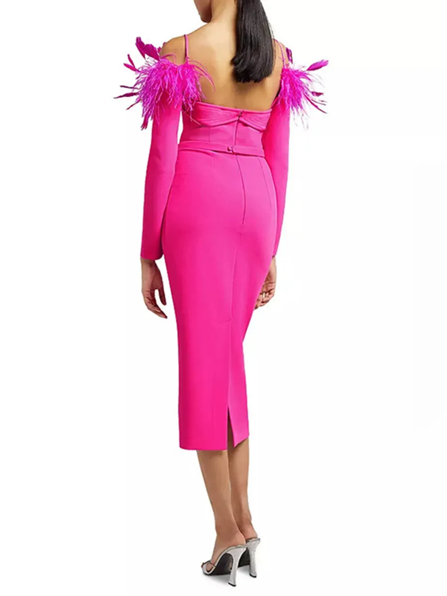 Brownm Fashion Dress Women 2025 Early Spring New Ostrich Hair Splicing Design With A Long-Sightbrowed Dress