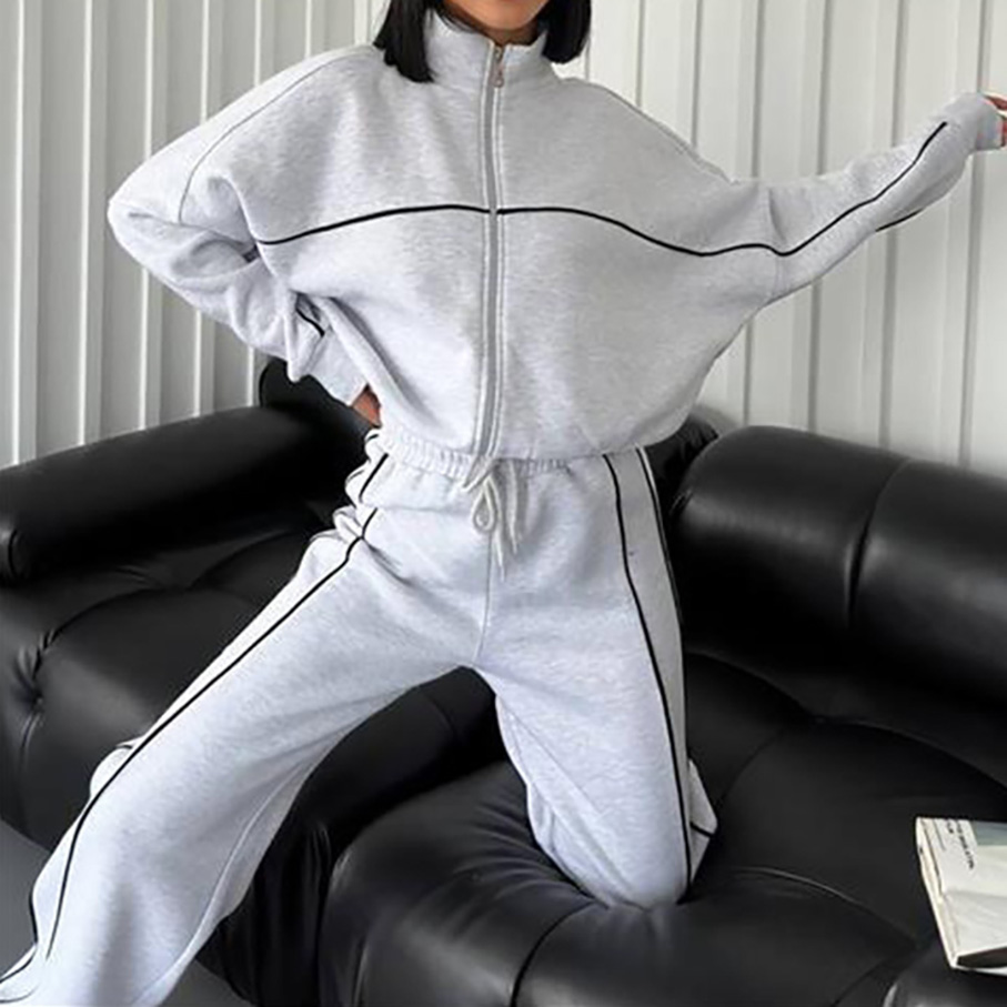 Casual Set Long Sleeve Half High Neck Cardigan Sweatshirt Lace Up Striped Pants