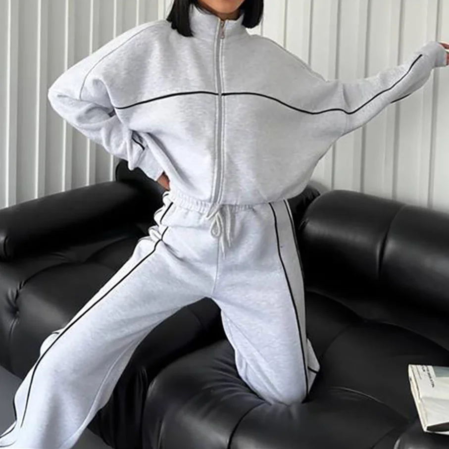 Casual Set Long Sleeve Half High Neck Cardigan Sweatshirt Lace Up Striped Pants