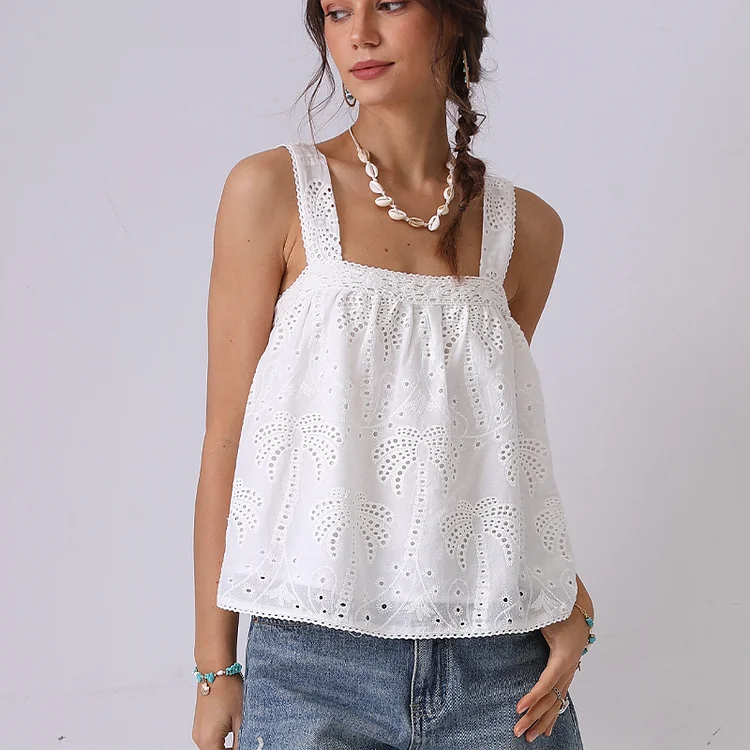 Women's French Style Lace Embroidered Sling Vest Loose Lace Shirt
