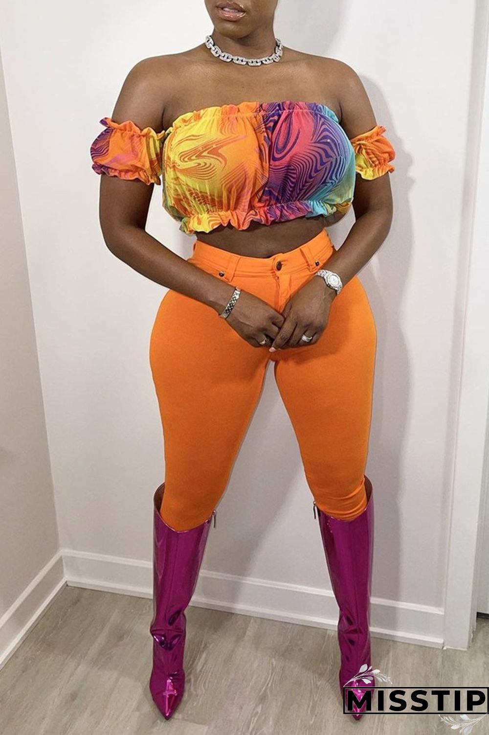 Colour Sexy Casual Print Tie Dye Backless Off the Shoulder Tops