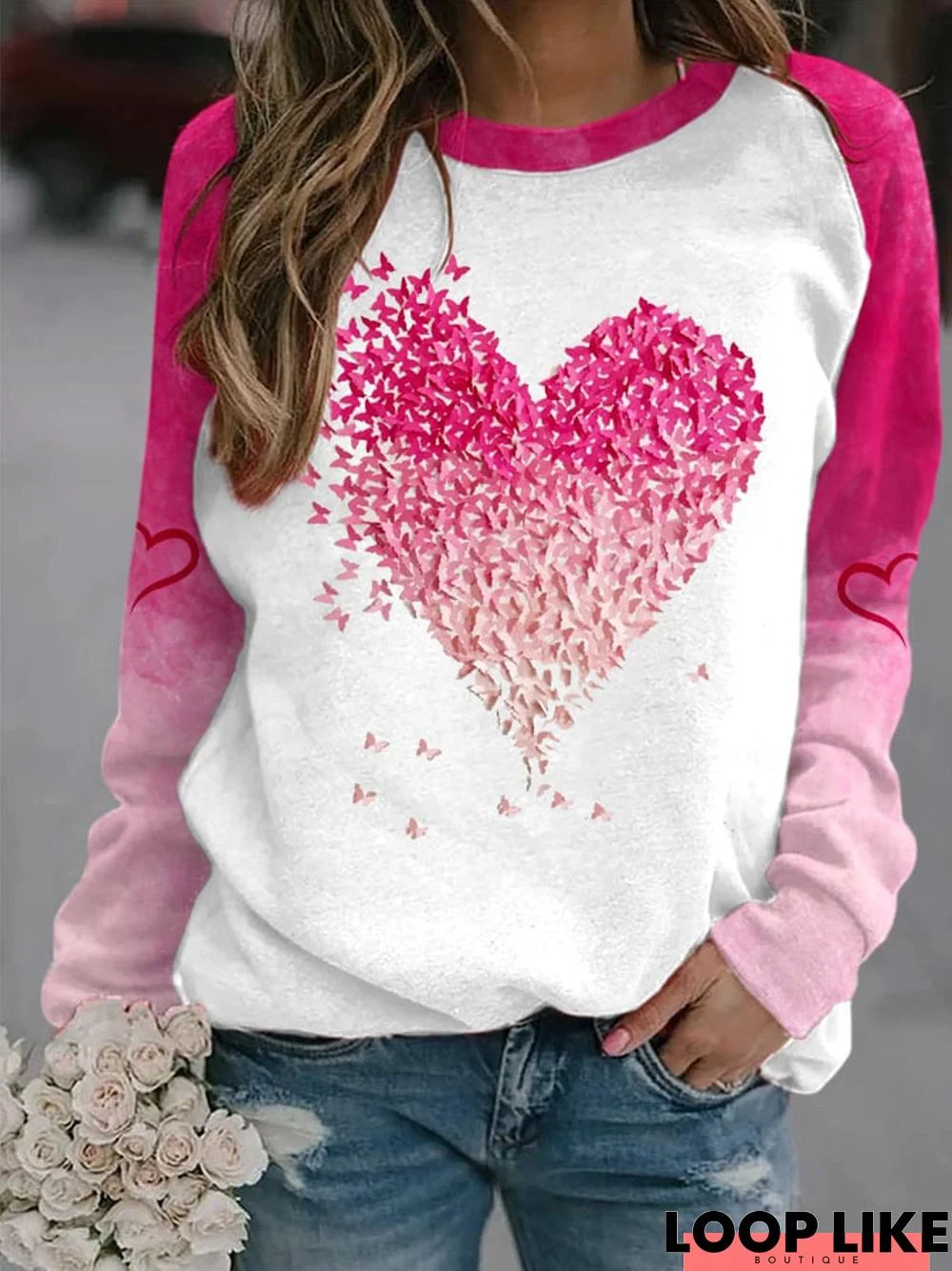 Casual Crew Neck Jersey Heart/Cordate Sweatshirt