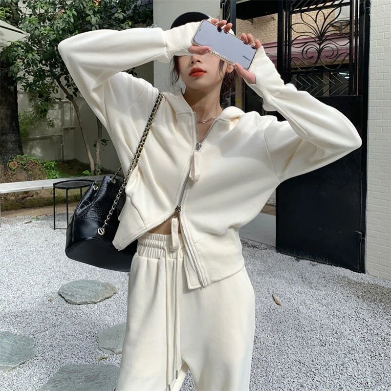 Brownm Korean Fashion Trachsuit Two Piece Set Women Outifits Oversize Zip Up Hoodie Loose Gray Jogging Sweatpants Sports Pants