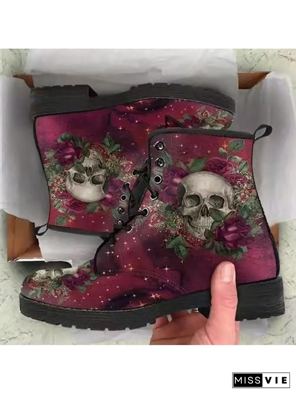 Floral Street All Season Printing Party Low Heel Lace-Up Non-Slip Classic Boots Boots for Women