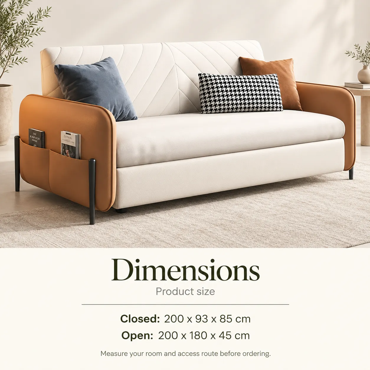 198 Two-Tone Sofa Bed - Ivory and Tan — Dimensions