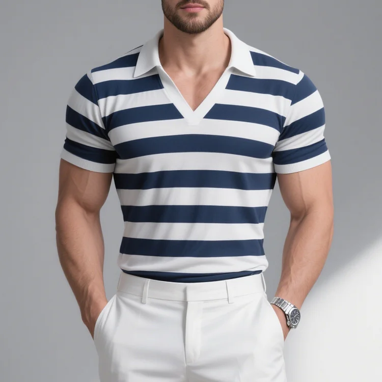 Okaywear Striped Turndown Collar V Neck Short Sleeve Shirt Okaywear