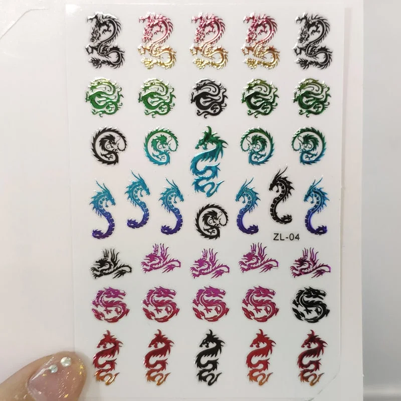 3D Dragon Nail Art Decals Stickers Colorful Dragons Design Self Adhesive DIY Nail Art Decoration Decals Manicure Tool-Nail Inspo