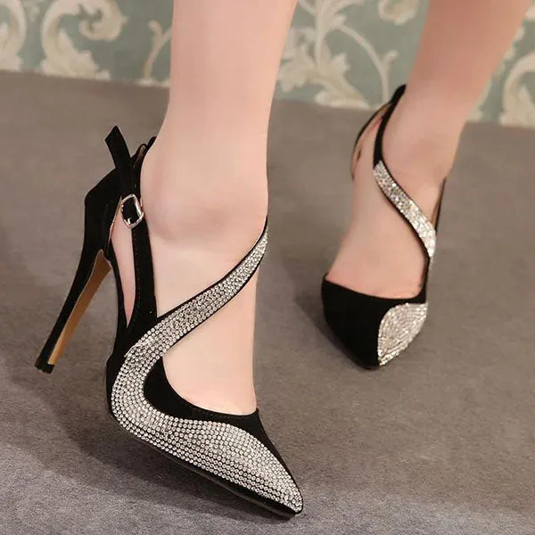HUXM Glitter Strappy Rhinestone Pointed Toe High Heels