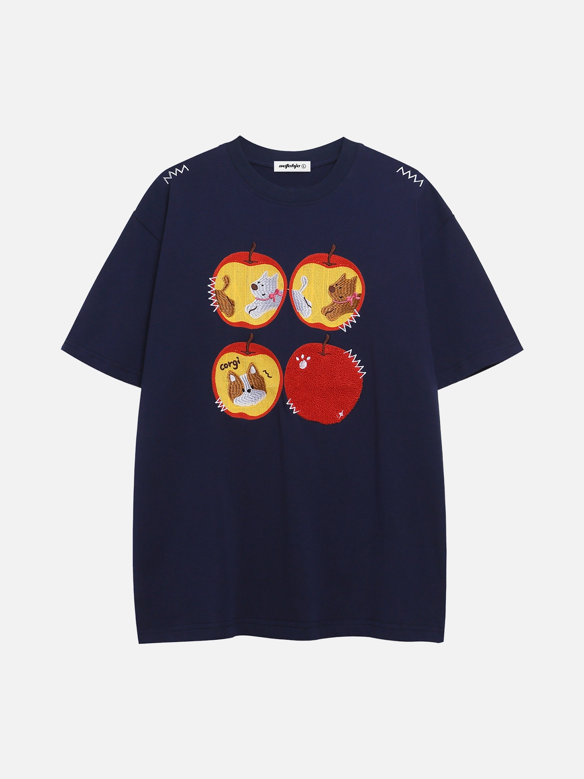 Navy Blue Act Chic Cartoon Apple Puppy Embroidery Tee Front