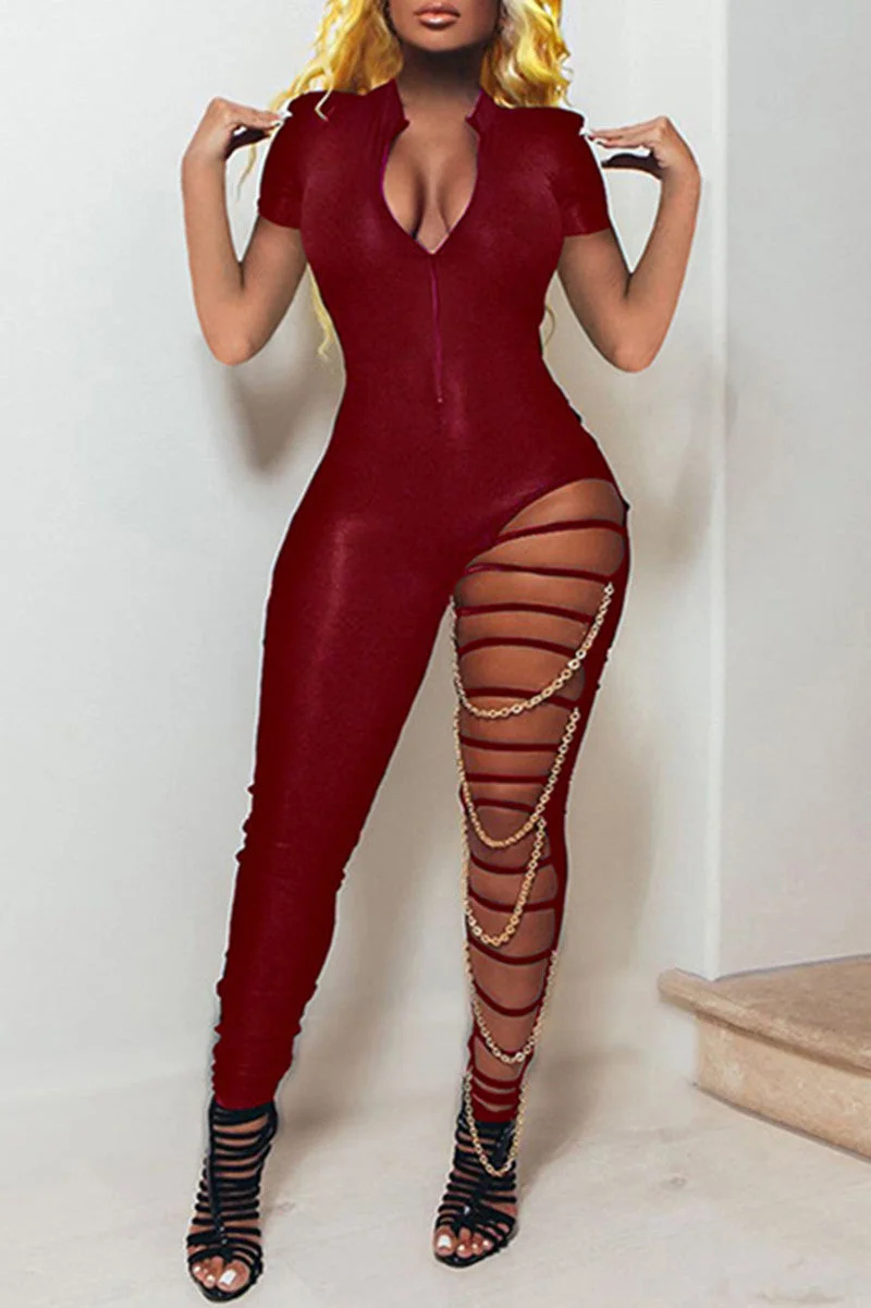 Fashion Sexy Solid Hollowed Out Split Joint Chains Zipper Collar Skinny Jumpsuits