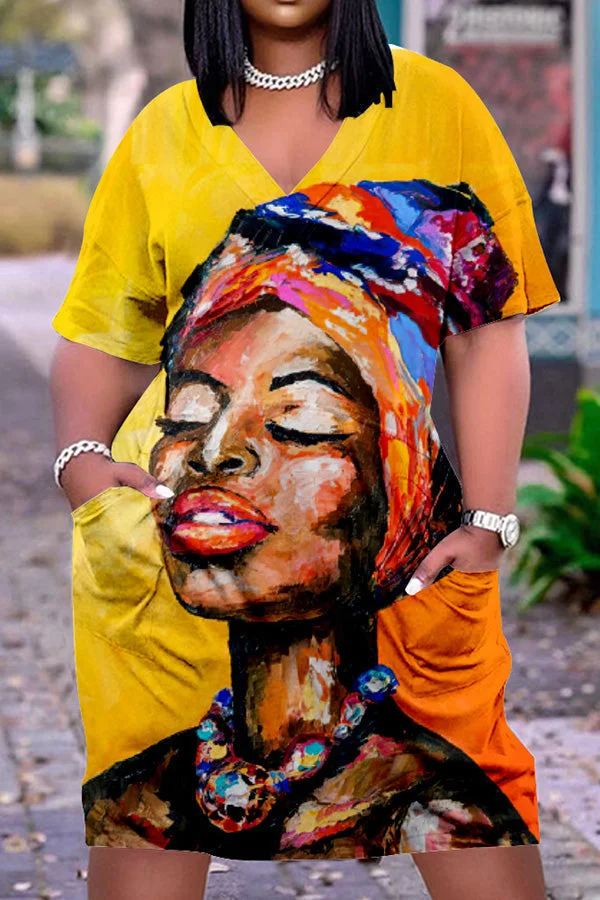 Plus Size Fashion Printed Pocketed Midi Dress