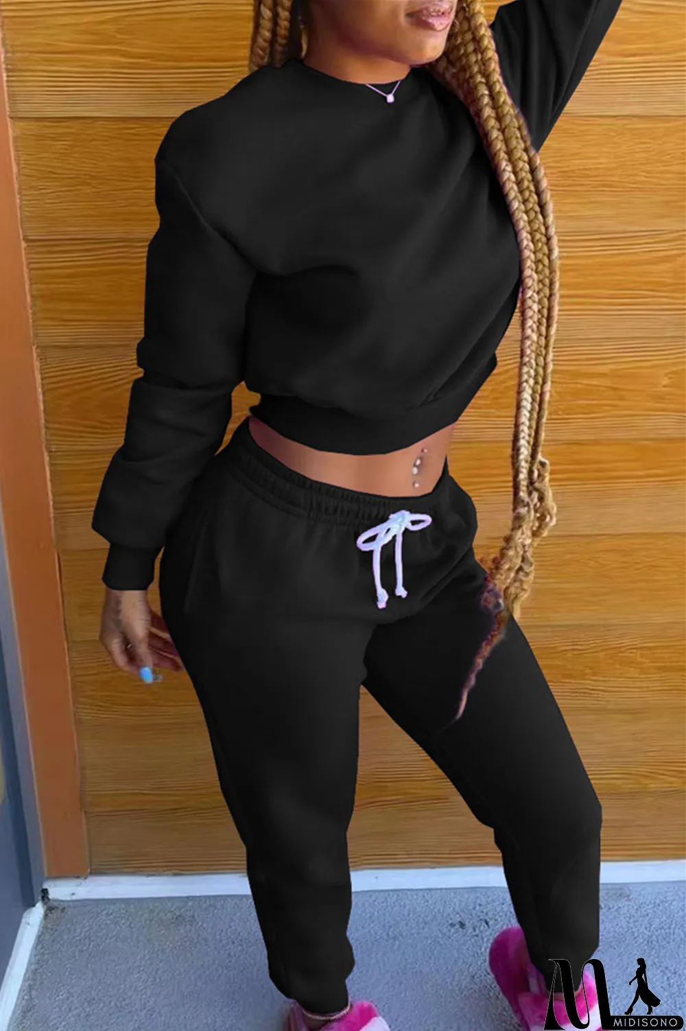 MidiSono - Black Fashion Casual Solid Basic O Neck Long Sleeve Two Pieces