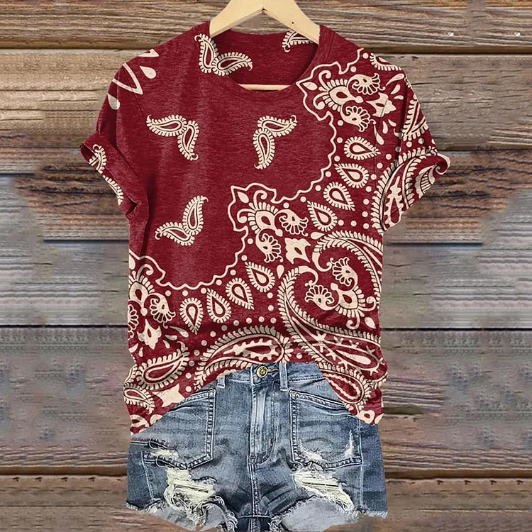 Western Floral Print Crew Neck Short Sleeved T-shirt