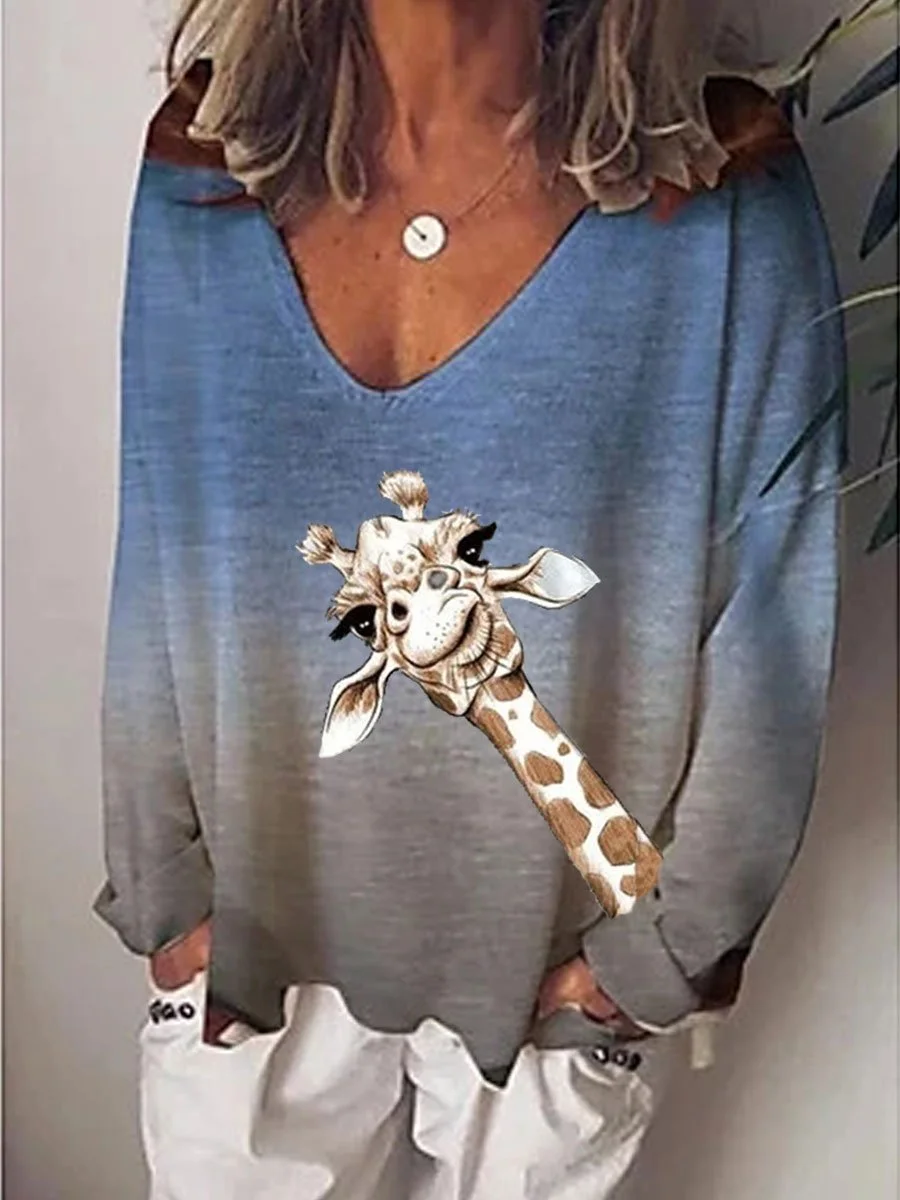 Giraffe Gradient Print Long-sleeved T-shirt