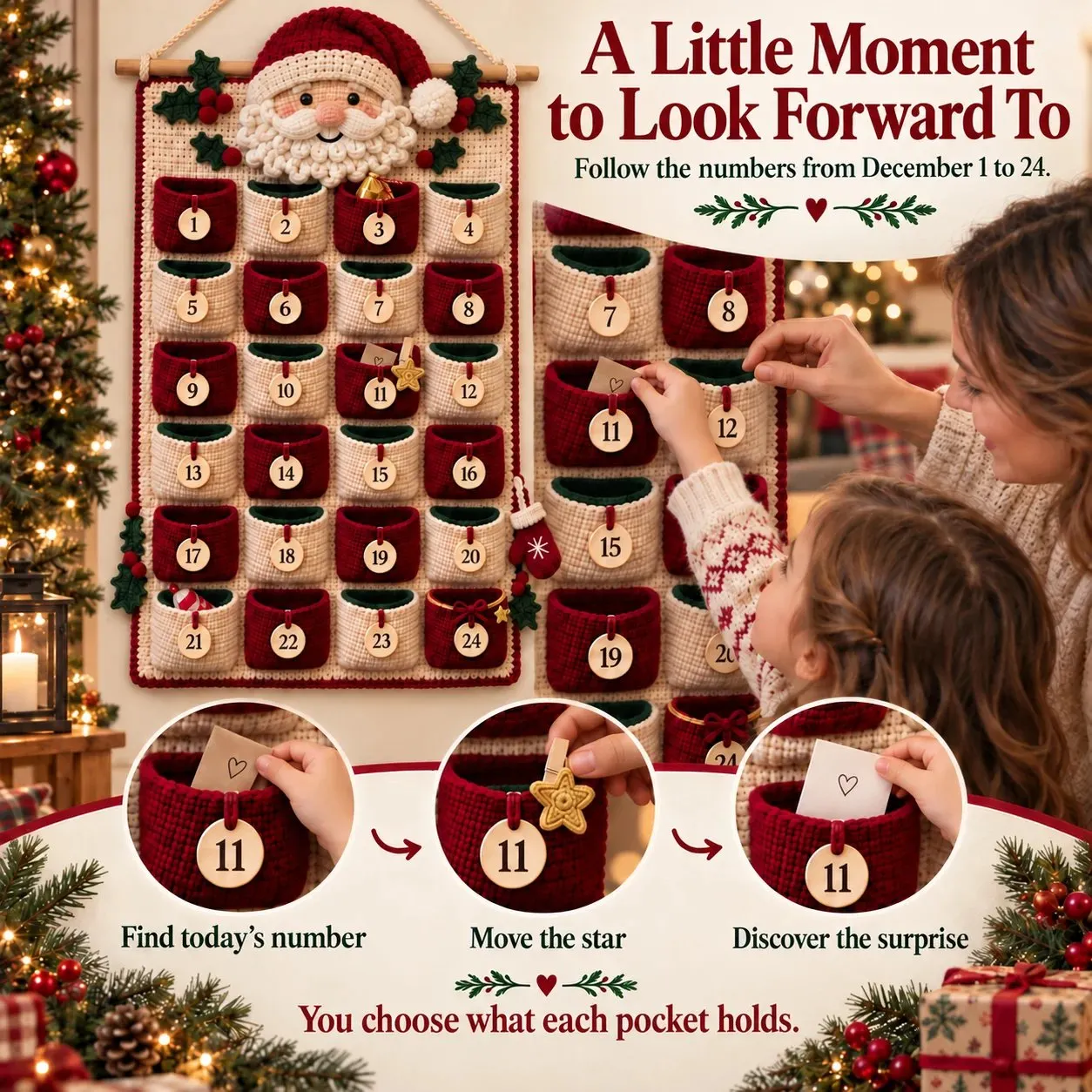 Family members checking a numbered pocket and moving the day marker on a crochet Advent calendar