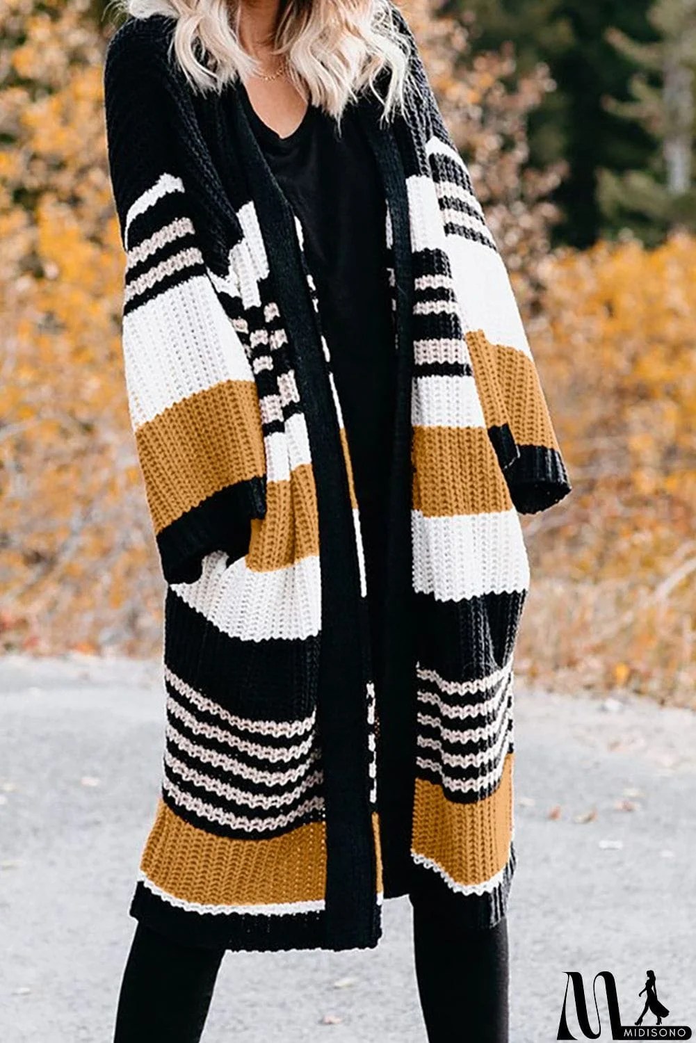 MidiSono - Pocketed Novelty Striped Chenille Cardigan