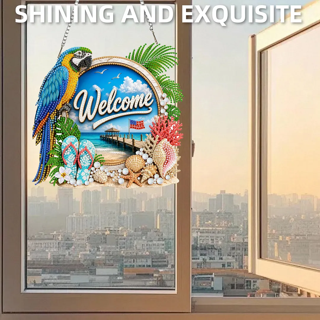 Parrot Beach Welcome Sign 2D Flat DIY PET Diamond Painting Pendant Special Shape Hanging Gem Art Paintings Charm Single Side Drill for Adults Home Wall Window Decor