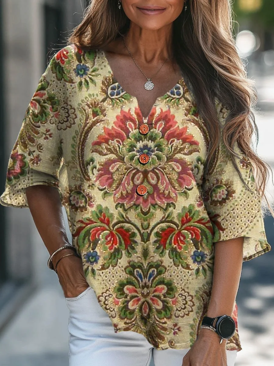 Women's Vintage Lovely Floral Art Print Casual Cotton Linen V-neck Shirt