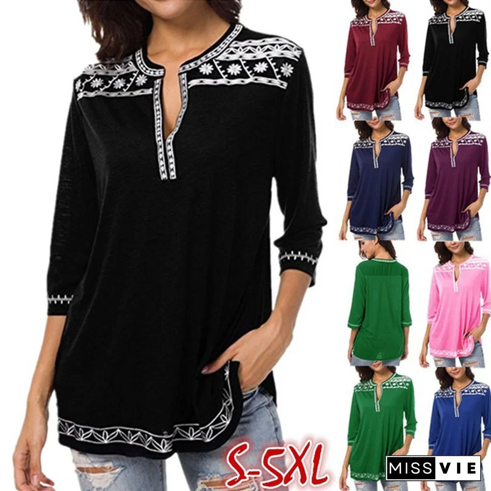 Women's V-neck Printed T-shirt Spring and Autumn Casual Nine-Sleeve Pullover Ladies Elegant Top