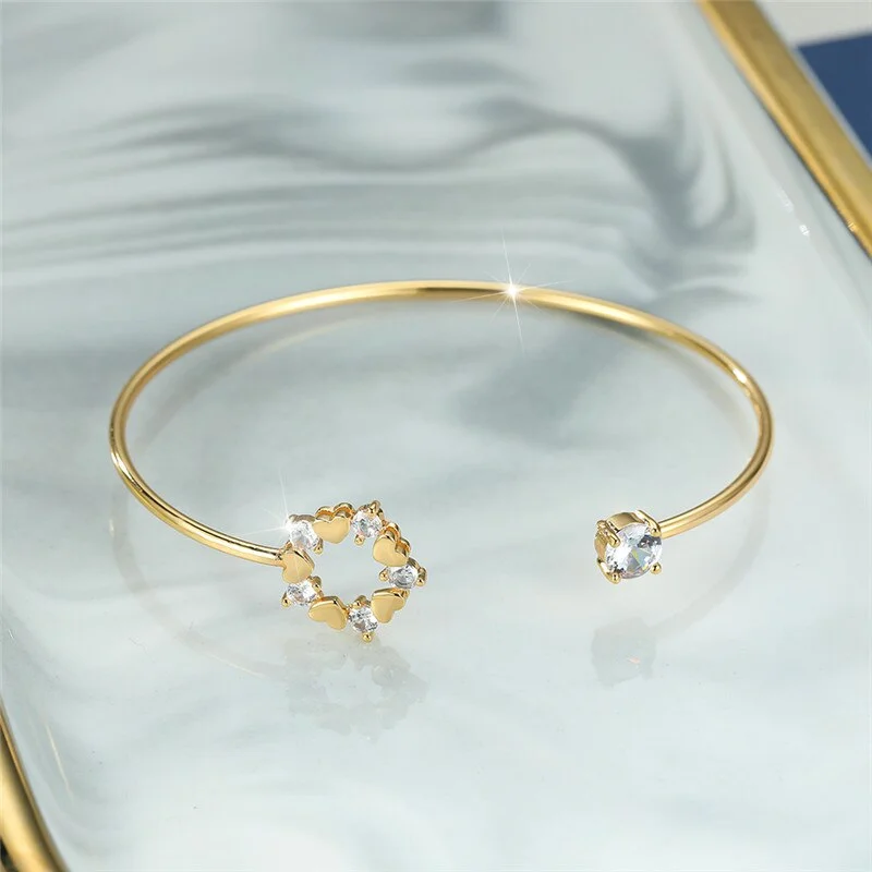 Boho Female White Zircon Stone Bracelet Cute Gold Color Adjustable Bracelets For Women Charm Crystal Hollow Heart Chain Bracelet