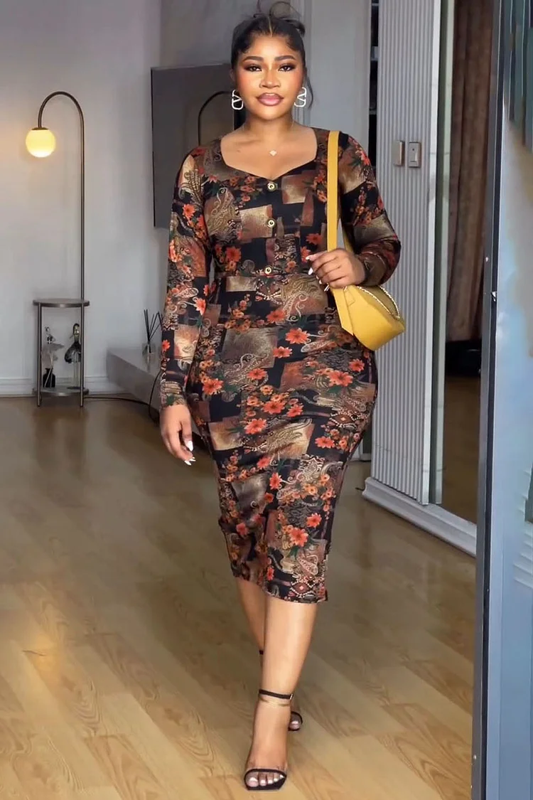 Floral Print Long Sleeve Button Up Bodycon Midi Dresses-Brown [Pre Order]