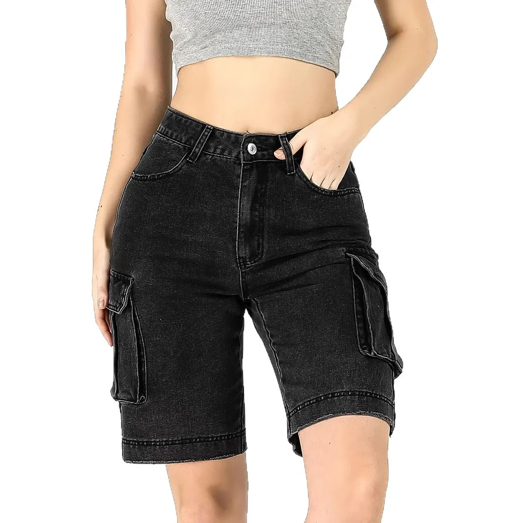Mid-Rise Washed Straight Cargo Denim Five-Point Shorts
