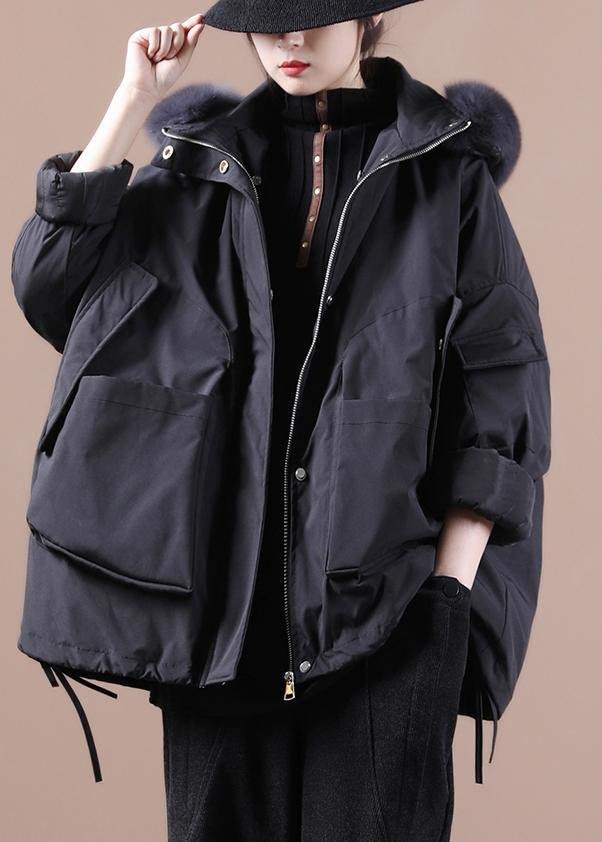 Fine plus size down jacket overcoat black hooded fur collar goose Down coat