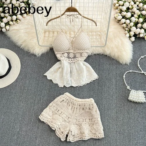 Brownm Summer New Holidays Crotchet Camisole Top + Hot Shorts Women 2pcs Beach Suit Backless Sling Top Shorts Sets