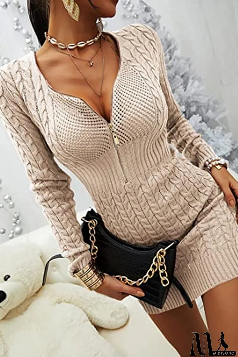 MidiSono - Zipper V Neck Bodycon Sweater Dress