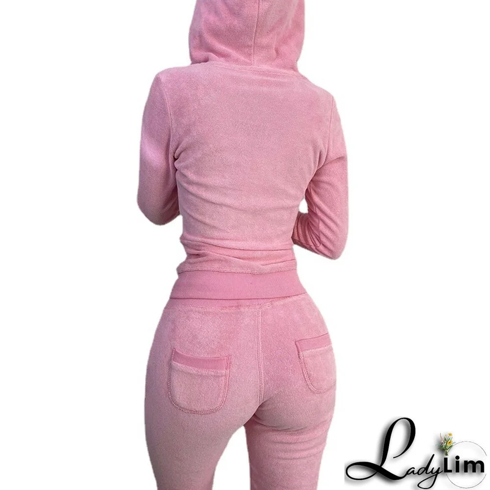 Fall Women's Fashion Hooded Zip Slim Fit Casual Sports Cardigan 2PC Set