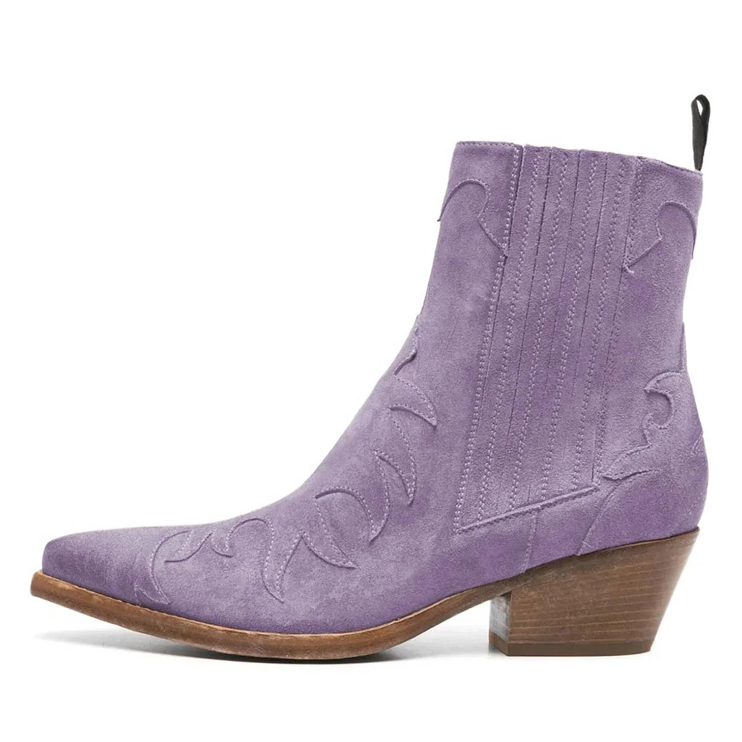 Purple Block Heel Snip Toe Patchwork Ankle Western Boots for Women