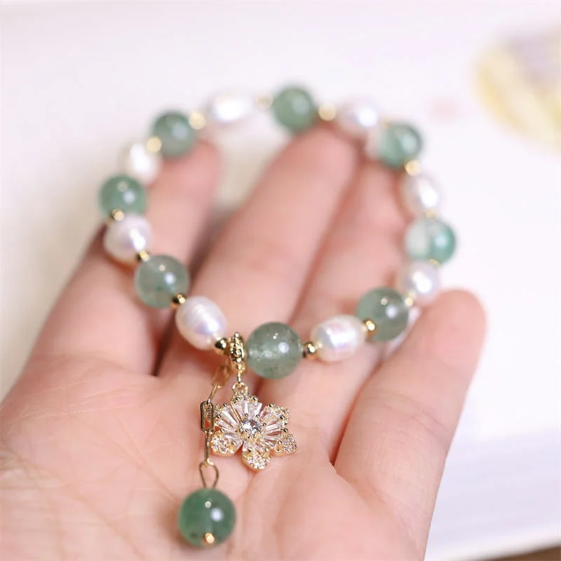 Green Strawberry Quartz Pearl Flower Charm Love Bracelet