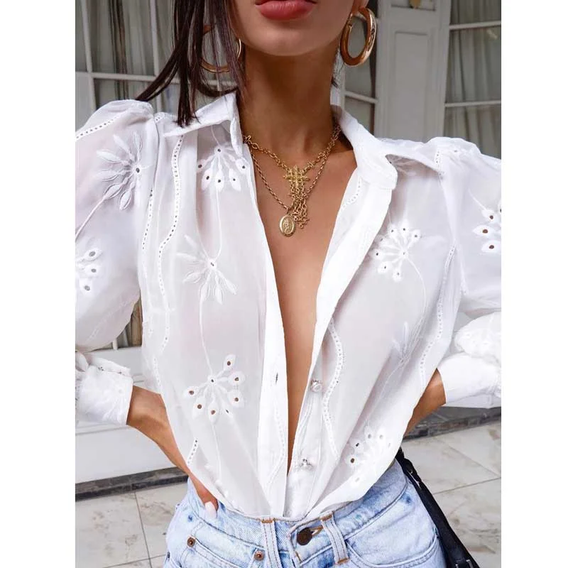 BOHO INSPIRED cotton BLOUSE white long sleeve shirts perforated pattern women tops  spring summer top casual beach cover up