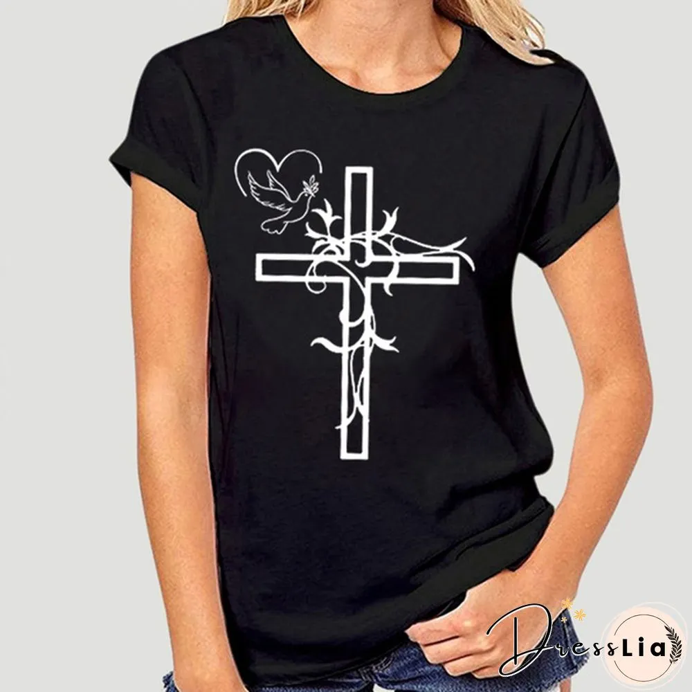 Womens Crew Neck Tees Shirts Summer Tops Christian Solid Color Graphic Tshirts God Faith