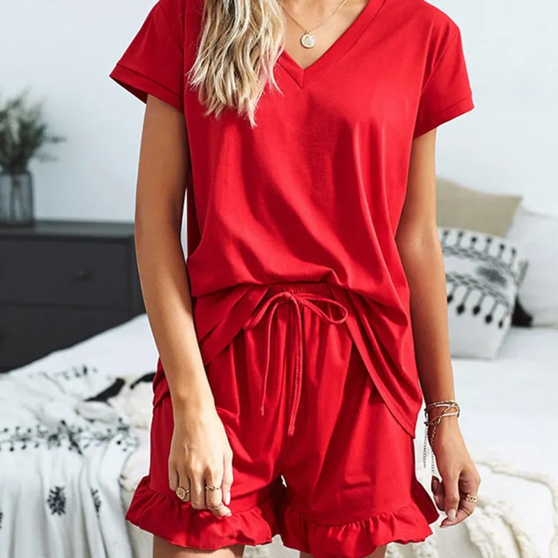 FINETOO V-Neck Short Sleeve Pajama Set Women Sleepwear M-2XL Home Clothes Set Summer Pajamas Women Casual Sleepwear Nightwear