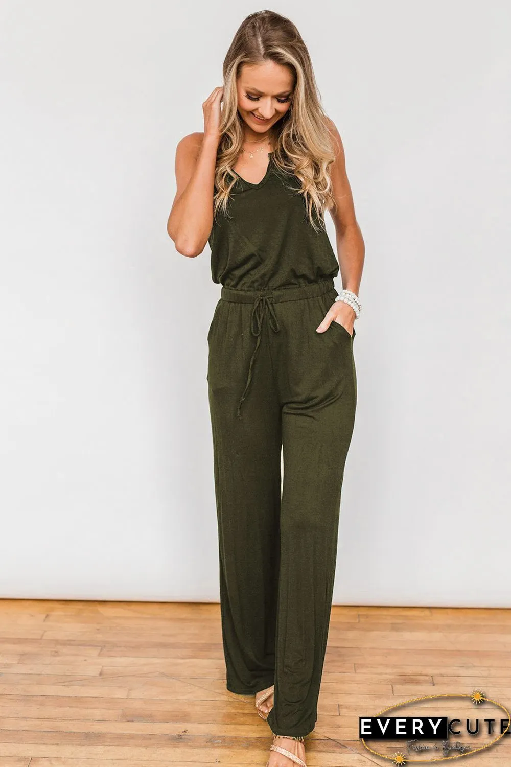Green Split Neck Drawstring Waist Sleeveless Jumpsuit