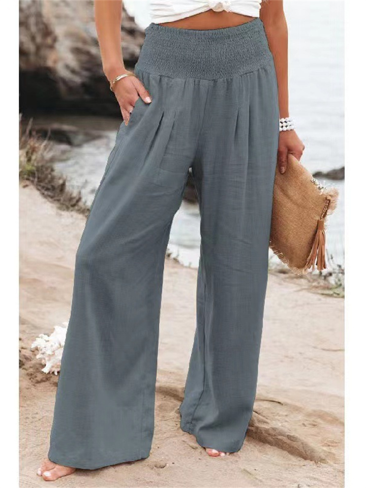 Summer Women's Casual Wide-legged Cotton Linen Burst Loose Pants Solid Color Casual Pants