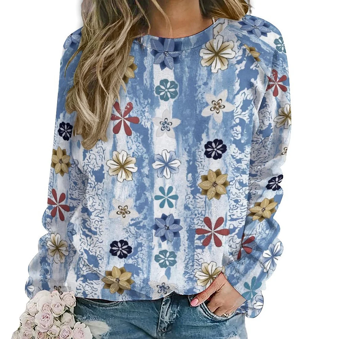 Style & Comfort for Mature Women Printed Long Sleeve Casual Sweatshirt for  Women and Men Unisex Pattern Striped, Floral, Blue