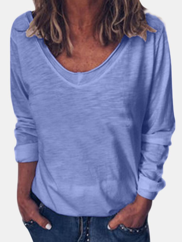V neck Solid Color Long Sleeve Casual Blouse For Women P1727058