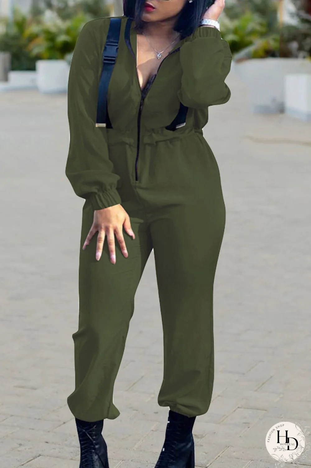 Army Green Fashion Polyester Solid Zipper Collar Jumpsuits