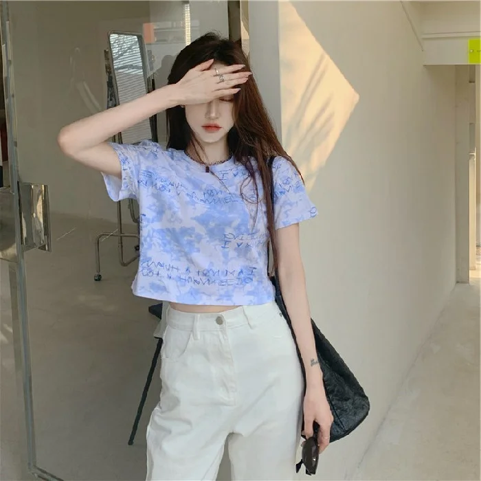 Brownm Brownm Celebrity Tie-Dye Short-Sleeved T-Shirt Women Loose Summer 2024 New Korean Version High Waist Crop Short Clothes Women