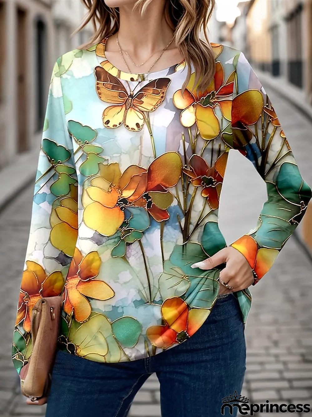 Women's T shirt Tee Floral Butterfly Daily Weekend Black Blue Brown Print Long Sleeve Fashion Round Neck Regular Fit Spring
