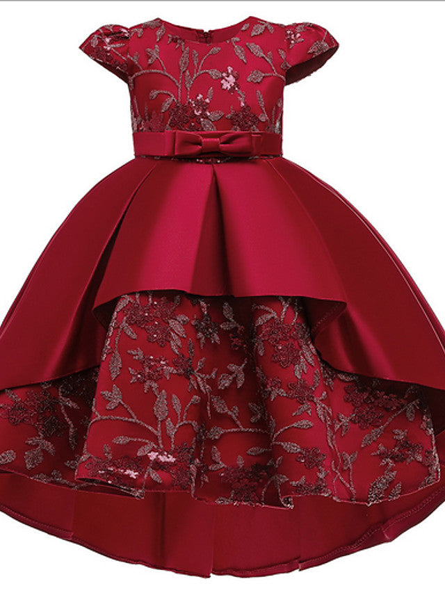 Oknass Ball Gown Short Sleeve Jewel Neck Flower Girl Dresses Polyester  With Appliques
