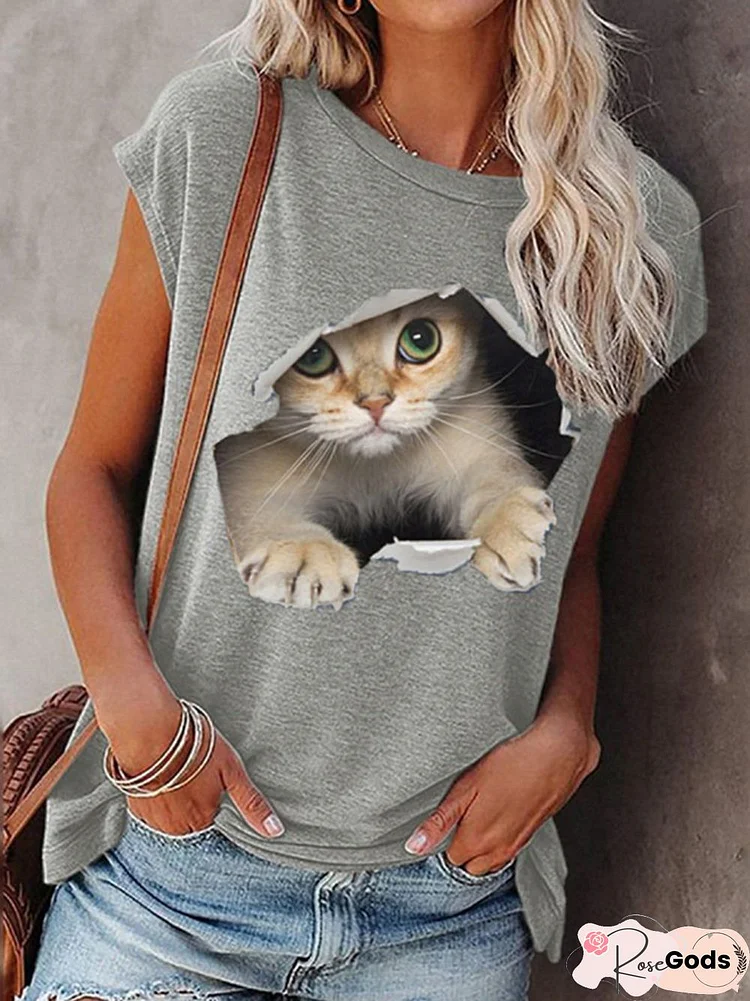 Gray Cat Printed Casual Short Sleeve Shift T-Shirt