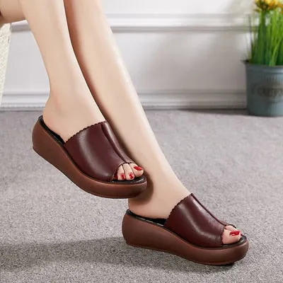 GKTINOO Women Slipper's 2021 Ladies Summer Slippers Shoes Women Wedges Heels Fashion Summer Genuine Leather Shoes Platform