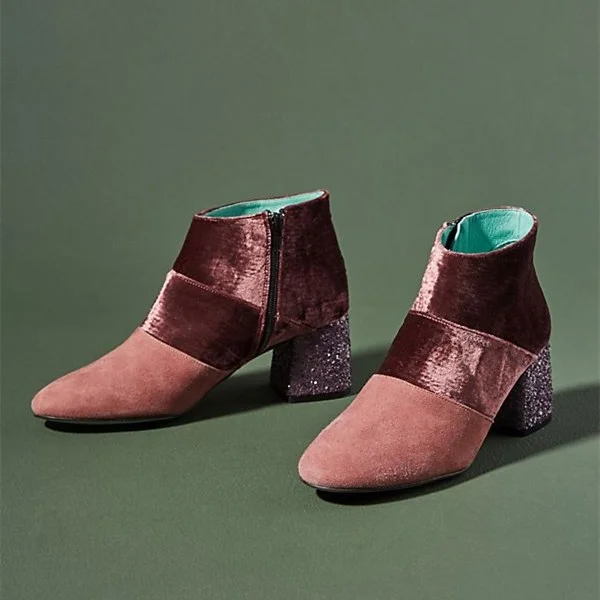 Pink Vegan Suede Glitter Block Heel Ankle Boots |FSJ Shoes