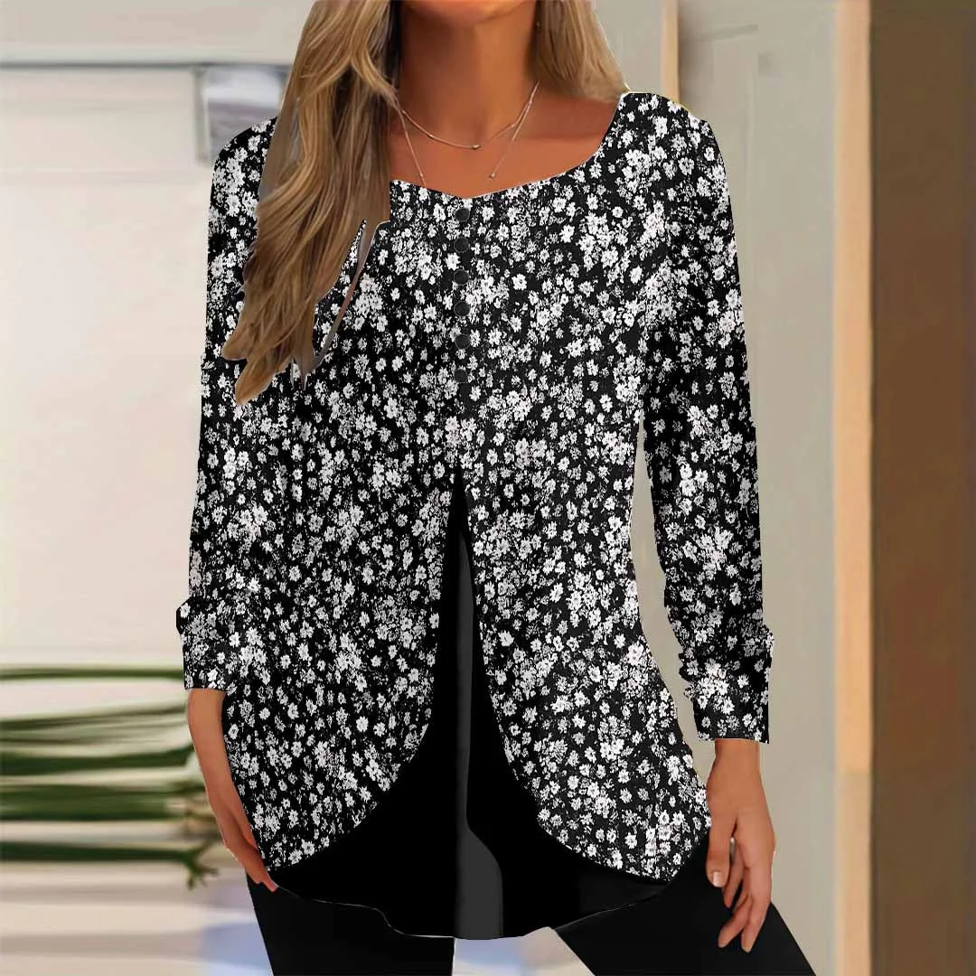 Women Floral,Black DZGG8117 Long Sleeve Scoop Neck Printed Graphic Button Fake 2in1 Tops