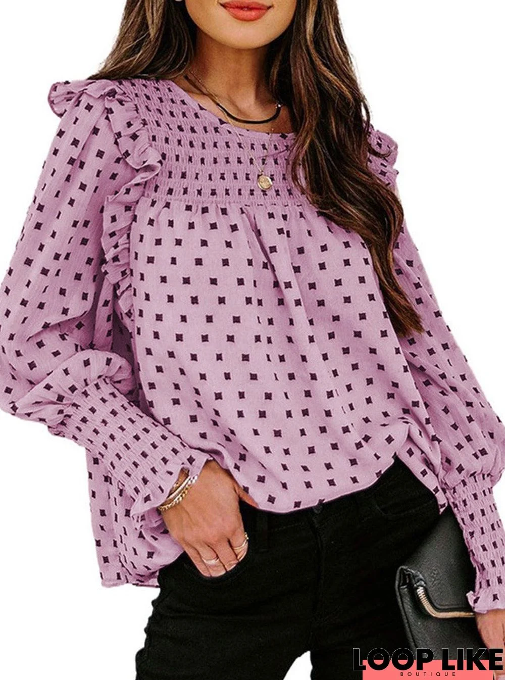 Ruffled Lantern Sleeve Polka Dot Long Sleeve Chiffon Blouse