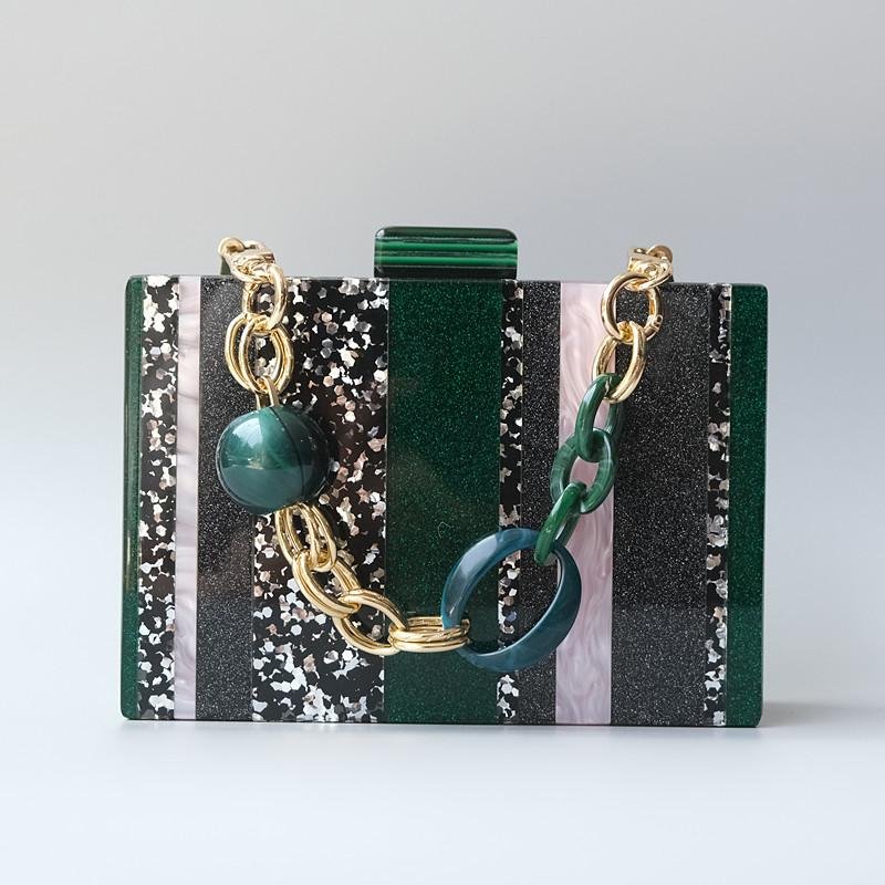 Women Striped Handbags Sequin Acrylic Green Evening Bag-VESSFUL